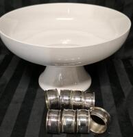 8 Vintage Silverplate Napkin Rings & Modern 11.5" Footed Fruit Bowl 6.75" Tall