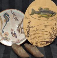 Vintage Home Decor - Enamel Plate 6", Fishing Sign 8" Tall & Wooden Shoes 4" Long