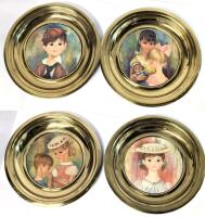 4 Vintage 11.75" Decorative Brass Plates Made in England With Big-Eye Portrait Prints : Augustus, "Gigi" & Two by Soulet