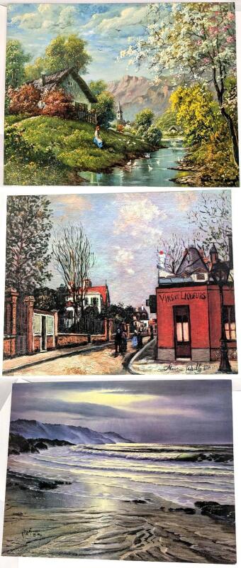 3 Vintage 16" &times; 20" Textured Prints on Board : "Italian View", "Vins et Liqueurs" by Maurice Utrillo &:"Evening Tide" by Maurice Meyer