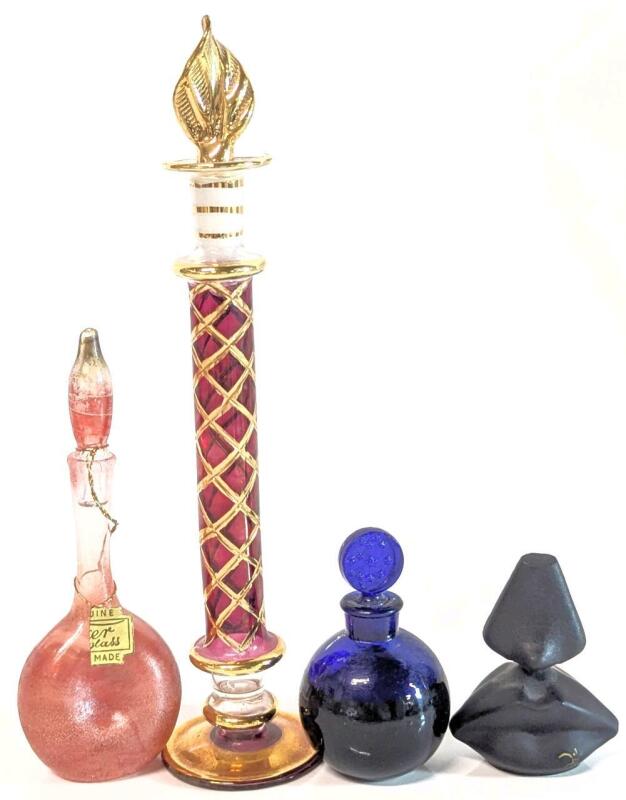 4 Vintage Mini Perfume Bottles: Dans La Nuit LALIQUE Cobalt Blue, Salvador Dali Nose+ Lips Bottle, Necker Handmade Israel & Egyptian Hand-Blown Perfume Bottle, Up To 7" Tall