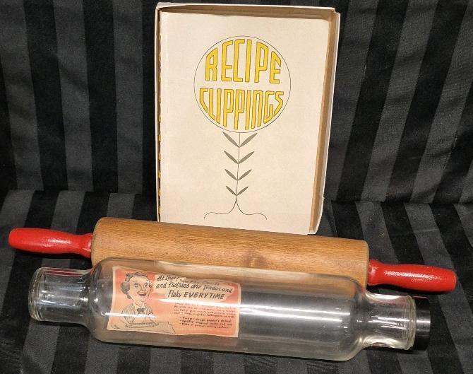 Great Vintage Kitchen Lot - Glass & Wooden Rolling Pins & Recipe Clippings Book