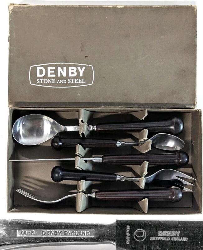 Vintage DENBY Stone And Steel 5-Piece Samarkand Arabesque Stainless Steel Flatware Up To 8.75" Long With Original Box