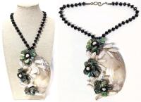 Huge Eye-Catching Mother of Pearl Shell Necklace Festooned With Freshwater & Abalone Flowers on Faceted Black Glass Beaded Chain, Shell 5" Long, Chain 16" With Hook Clasp