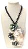 Huge Eye-Catching Mother of Pearl Shell Necklace Festooned With Freshwater & Abalone Flowers on Faceted Black Glass Beaded Chain, Shell 5" Long, Chain 16" With Hook Clasp - 2