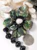 Huge Eye-Catching Mother of Pearl Shell Necklace Festooned With Freshwater & Abalone Flowers on Faceted Black Glass Beaded Chain, Shell 5" Long, Chain 16" With Hook Clasp - 7