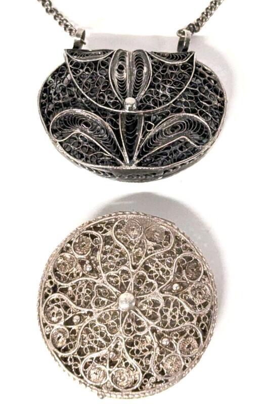 Antique to Vintage Presumed Sterling Silver Filigree : Small Round Pill / Trinket Box 1.75" Diameter & 2" Across Purse Necklace on 16" Broken Chain Without Clasps