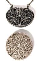 Antique to Vintage Presumed Sterling Silver Filigree : Small Round Pill / Trinket Box 1.75" Diameter & 2" Across Purse Necklace on 16" Broken Chain Without Clasps