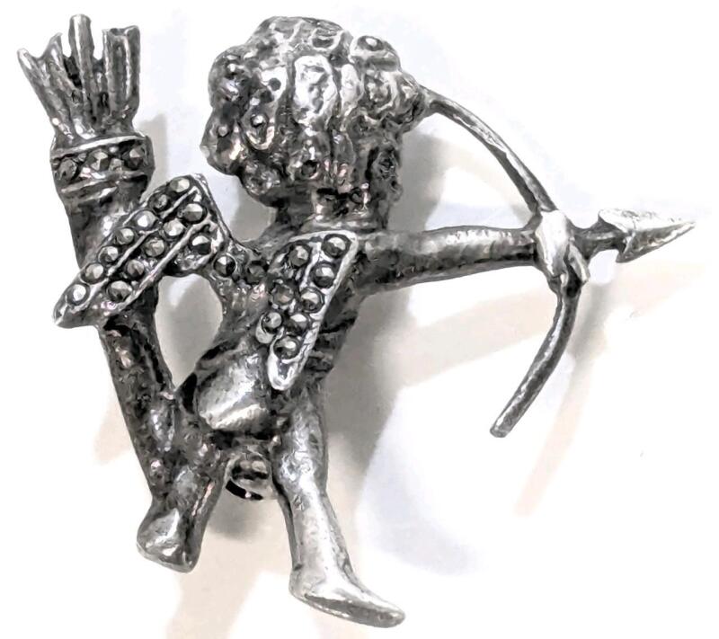 Adorable Vintage Sterling Silver Stamped 925 Marcasite Cupid Cherub With Bow And Arrows Brooch, 1" Long
