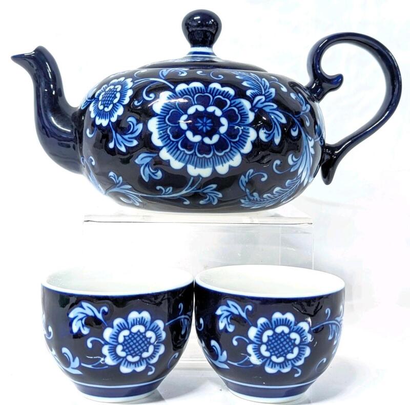 Gorgeous Pier 1 Mandarin Pattern Porcelain Teapot & 2 Tea Cups, Dishwasher + Microwave Safe, Up To 5" Tall, No Chips or Cracks