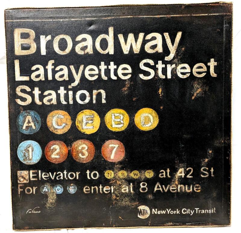 Huge Signed Handpainted Stretched Canvas New York Transit Bayview Lafayette Street Station Sign Textured Gilcee Print, 28" &times; 2.5" &times; 27.75"
