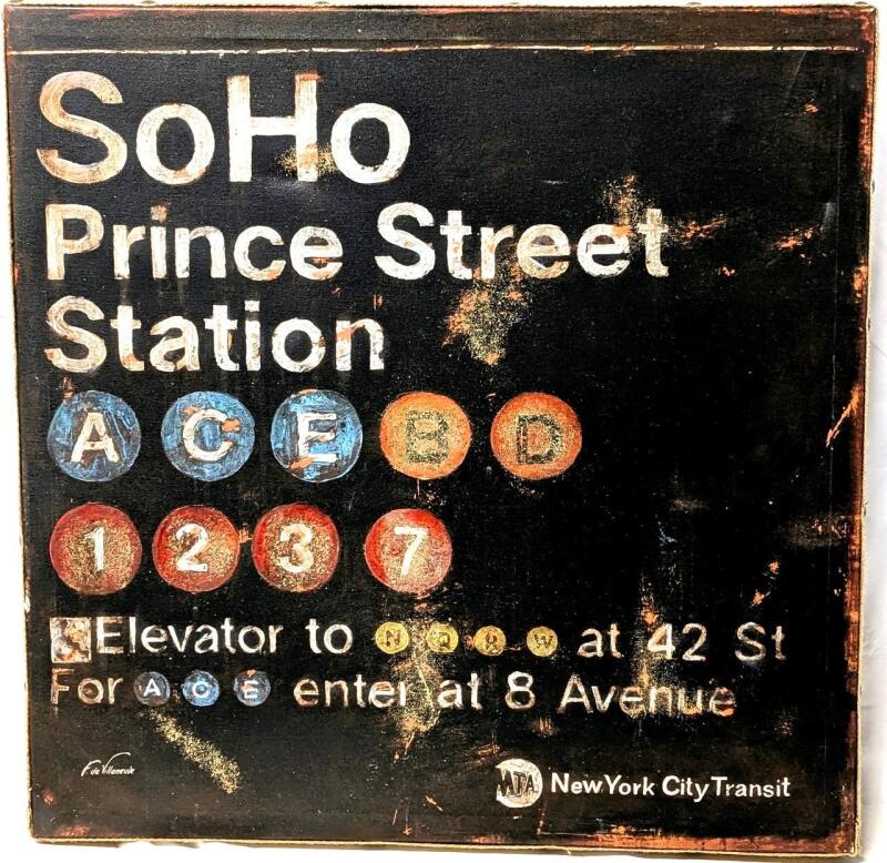 Huge Fabrice de Villeneuve Stretched Canvas New York Transit SOHO Prince Street Station Sign Textured Gilcee Print, 28" &times; 2.5" &times; 27.75"