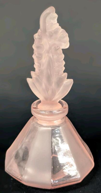 Vintage Art Deco Pink Clear & Frosted Glass Perfume Bottle with Lily of the Valley Stopper, 6", Fleabites Round Bottom of Stopper, Chip in Stopper (Pictured)