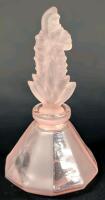 Vintage Art Deco Pink Clear & Frosted Glass Perfume Bottle with Lily of the Valley Stopper, 6", Fleabites Round Bottom of Stopper, Chip in Stopper (Pictured)