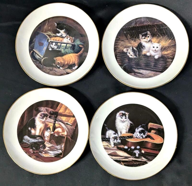 4 Vintage Decorative Porcelain Kitten Plates, 8" Diameter, No Chips or Cracks