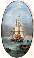 Signed Antique Handpainted Hautin & Boulanger HB&C Choisy-le-Roi France Sailing Ship Oval Plate, 13.5" &times; 7.5", No Chips or Cracks