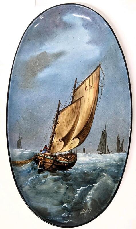 Signed Antique Handpainted Hautin & Boulanger HB&C Choisy-le-Roi France Sailing Ship Oval Plate, 13.5" &times; 7.5", No Chips or Cracks