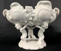 Vintage Italian Unsigned Capodimonte Cherub-Footed Floral Detail Bowl / Basin, 9.5" Tall, Chips Present