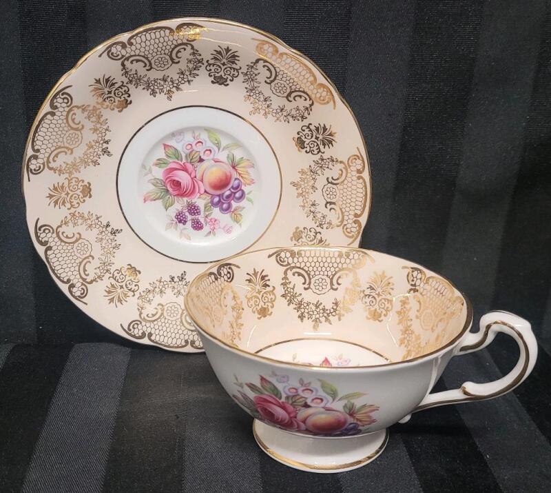 Vintage Paragon " Rose & Fruit " Cup & Saucer Set . Both Ring True . No chips or cracks