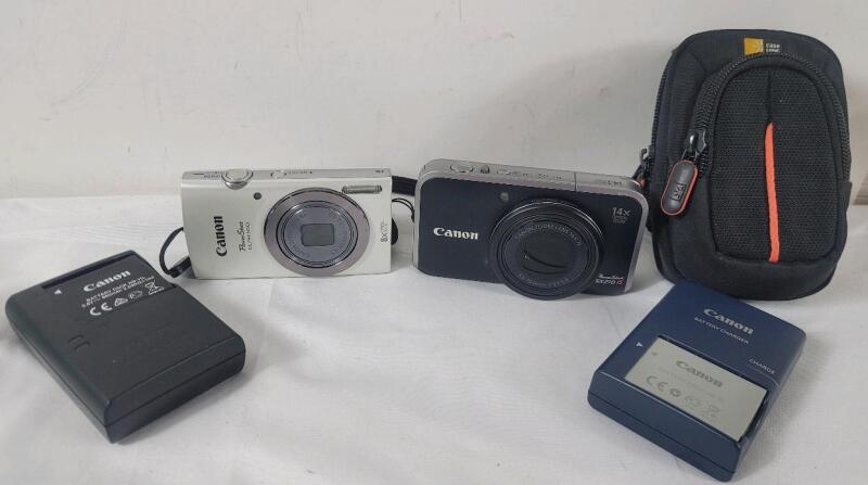 Two (2) Canon Power Shot Digital Cameras w/Batteries & Chargers . Power Shot ELPH 160 (untested) & Power Shot SX210 IS (tested working)