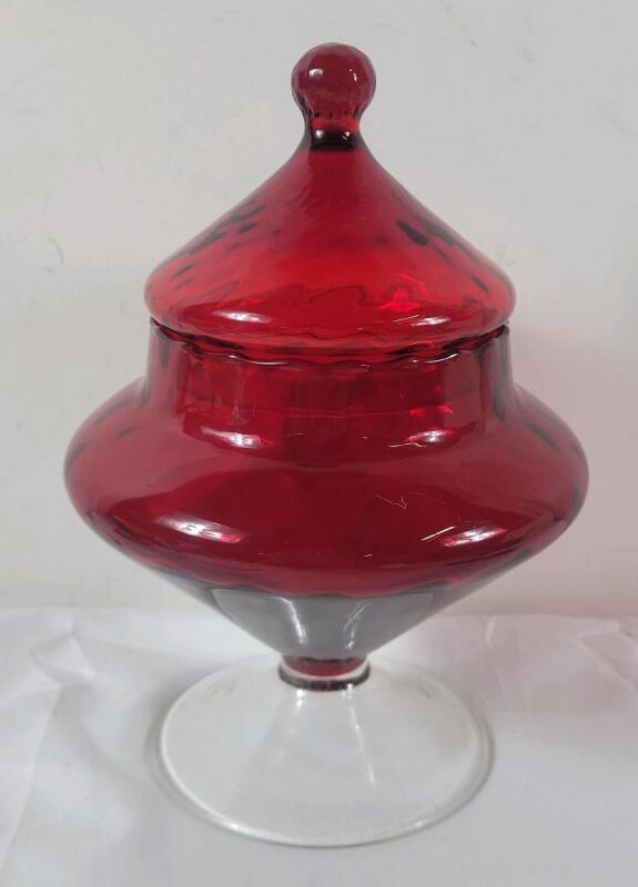 Empoli Glass " Circus Tent" Ruby Red Apothecary Jar / Candy Dish . Measures 8 &frac34;" tall .