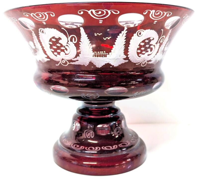 Vintage Unsigned Egermann Bohemian Ruby Red Glass Cut to Clear Pedestal Candy Dish / Bowl, 9" Diameter &times; 6.5" Tall, No Chips or Cracks