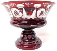 Vintage Unsigned Egermann Bohemian Ruby Red Glass Cut to Clear Pedestal Candy Dish / Bowl, 9" Diameter &times; 6.5" Tall, No Chips or Cracks