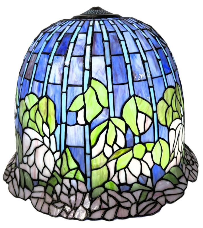 Absolutely Gigantic Tiffany-Style Slag Glass Lampshade, Water Lily Motif, 19.75" Diameter &times; 15.25" Tall, Some Cracking & Damage To Panels
