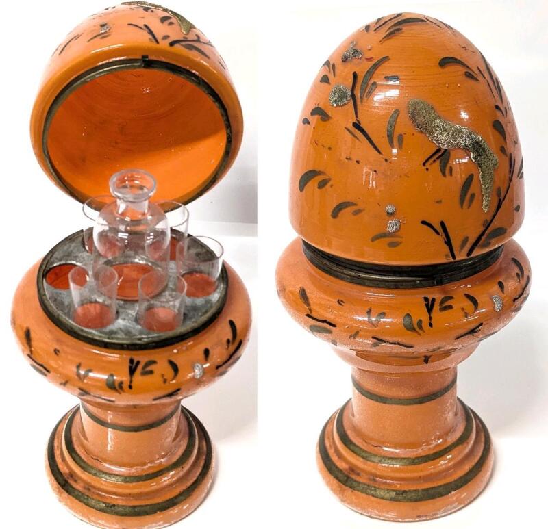 Vintage Art Deco Czech Glass Egg Orange Coralene Hinged Liquor Tantalus Cordial Set (Incomplete, Missing 1 Glass), No Chips or Cracks, Details Worn Away on Exterior