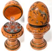 Vintage Art Deco Czech Glass Egg Orange Coralene Hinged Liquor Tantalus Cordial Set (Incomplete, Missing 1 Glass), No Chips or Cracks, Details Worn Away on Exterior