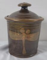 Handmade Stoneware Canister / Jar with Lid and Dragonfly Motif . Measures 7" tall & 5 &frac34;" diameter.