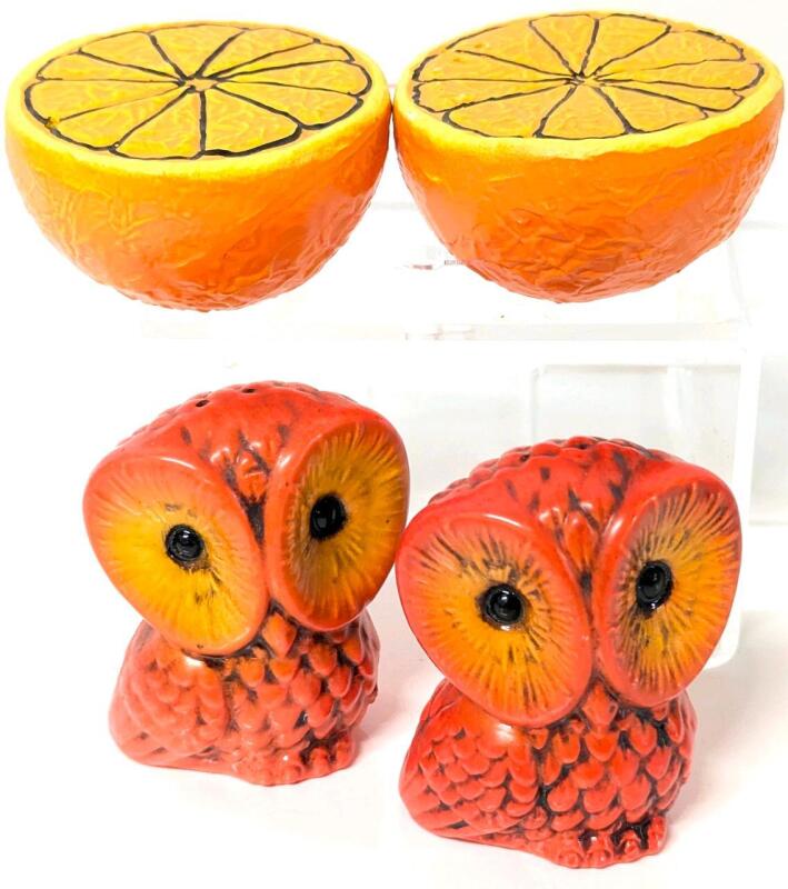 2 Sets Super Vibrant Mid Century Modern Vintage Salt & Pepper Shakers Made in Japan,Up To 3.25" Tall, No Chips or Cracks, One Orange Missing Stopper