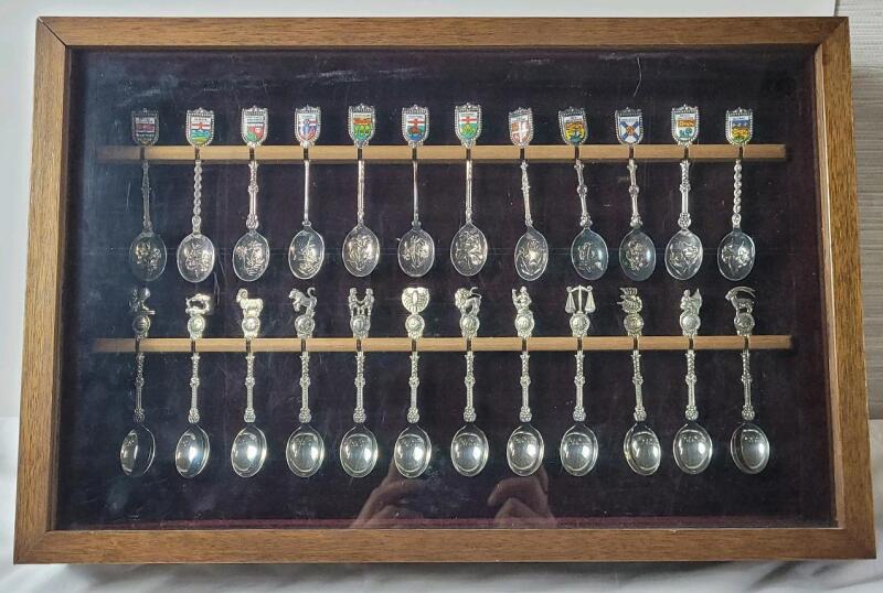 Vintage Zodiac Sign Souvenir Spoon Set - Complete & Vintage Provincial Flags / Flowers Souvenir Spoon Set - Complete . Both Sets in Wood Display Case