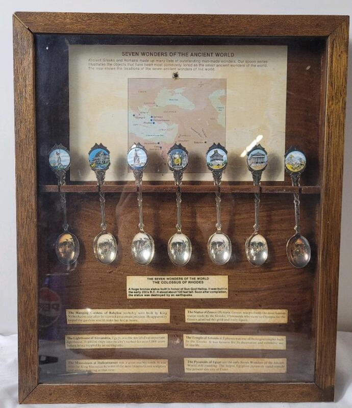 Vintage Seven Wonders of the Ancient World Souvenir Spoon Set in Wood Display Case . Case measures 12"&times;14.5"&times;1.5"