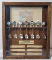 Vintage Seven Wonders of the Ancient World Souvenir Spoon Set in Wood Display Case . Case measures 12"&times;14.5"&times;1.5"
