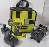 Ryobi Cordless Drill w/Two 18v Batteries , Charger & Storage Bag , Model # P271 . Batteries , drill & charger tested working .