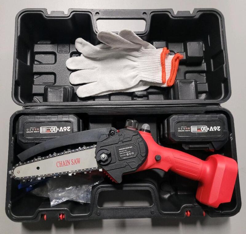 Cordless Mini Chain Saw w/2 Batteries, Safety Goggles , Gloves , 2 Extra Chains & Case . Tested Working - Missing 12v Charger Cord .