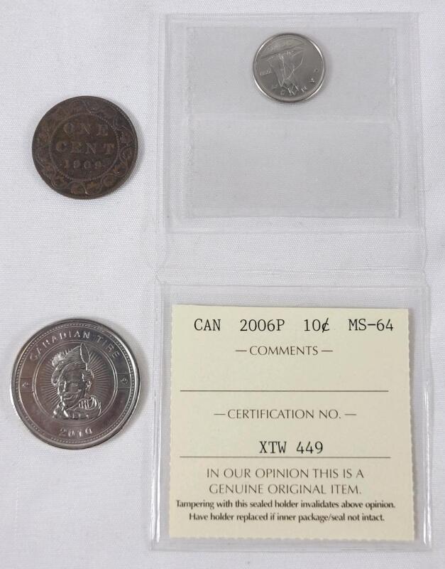 Canadian Coin & Token Lot . 2006-P 10-Cent Dime - ICCS Graded MS-64 , 1909 One Cent Penny & 2010 Canadian Tire One Dollar Token