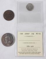 Canadian Coin & Token Lot . 2006-P 10-Cent Dime - ICCS Graded MS-64 , 1909 One Cent Penny & 2010 Canadian Tire One Dollar Token