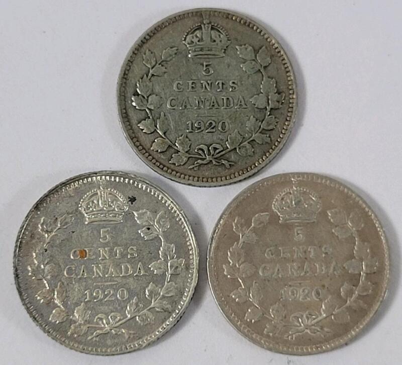 Three (3) 1920 Canadian Silver 5 Cent Nickels .