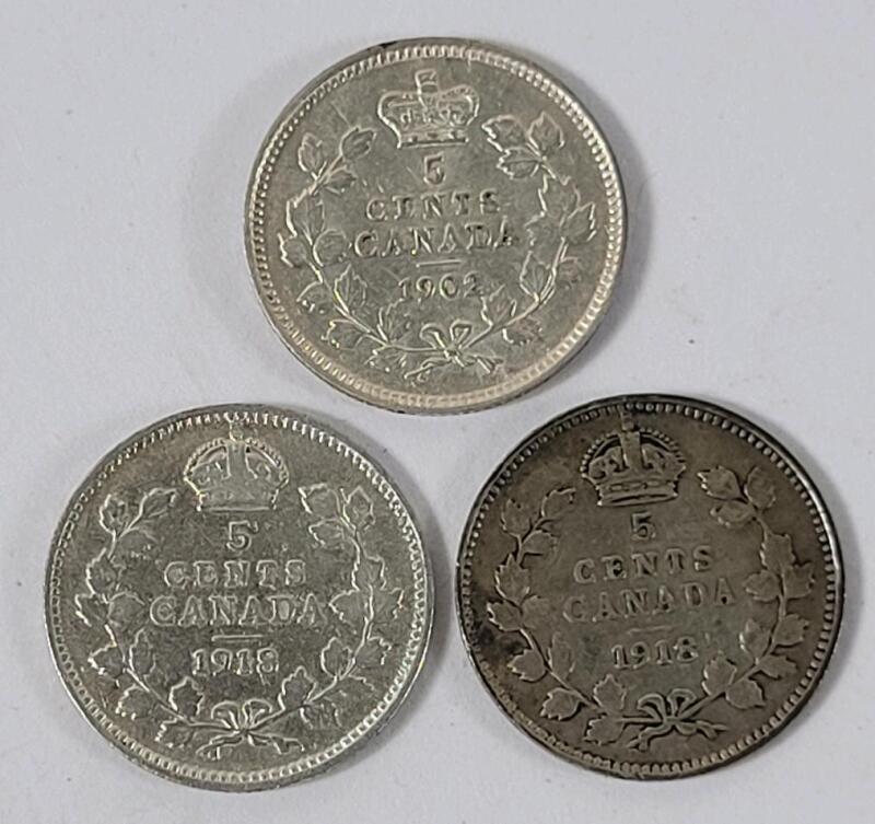 1902 & 1918 Canadian Silver 5 Cent Nickels , Three (3) Coins . 1902 & 1918 &times;2