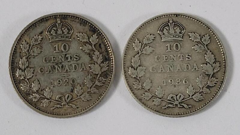 1920 & 1936 Canadian Silver 10 Cent Dimes . Two (2) Coins