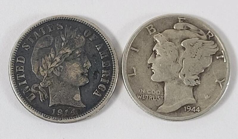 1914-S USA Silver Barber 10 Cent Dime & 1944 USA Silver Mercury 10 Cent Dime .