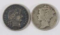 1914-S USA Silver Barber 10 Cent Dime & 1944 USA Silver Mercury 10 Cent Dime .