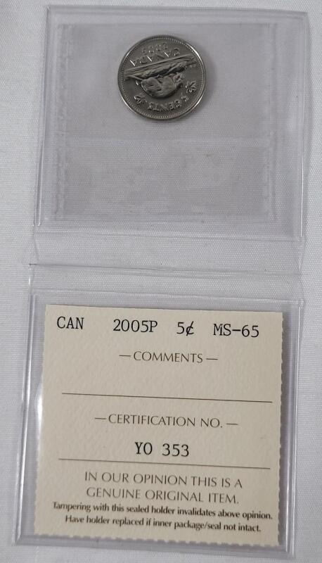 2005-P Canadian 5 Cent Nickel Coin . ICCS Graded MS-65