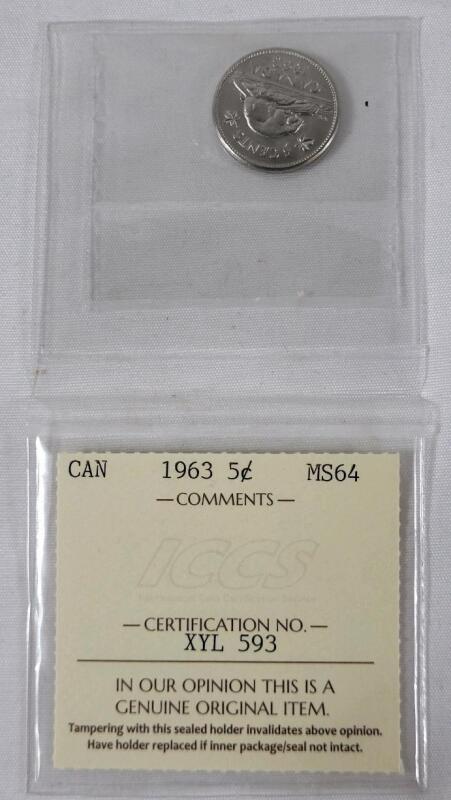 1963 Canadian 5 Cent Nickel Coin . ICCS Graded MS-64