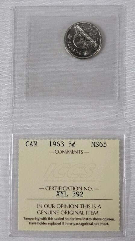 1963 Canadian 5 Cent Nickel Coin . ICCS Graded MS-65