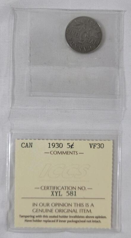 1930 Canadian 5 Cent Nickel Coin . ICCS Graded VF-30