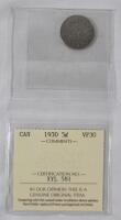 1930 Canadian 5 Cent Nickel Coin . ICCS Graded VF-30