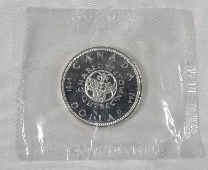1964 (1864-) Canadian Silver One Dollar Coin . Uncirculated , Sealed in Cellophane